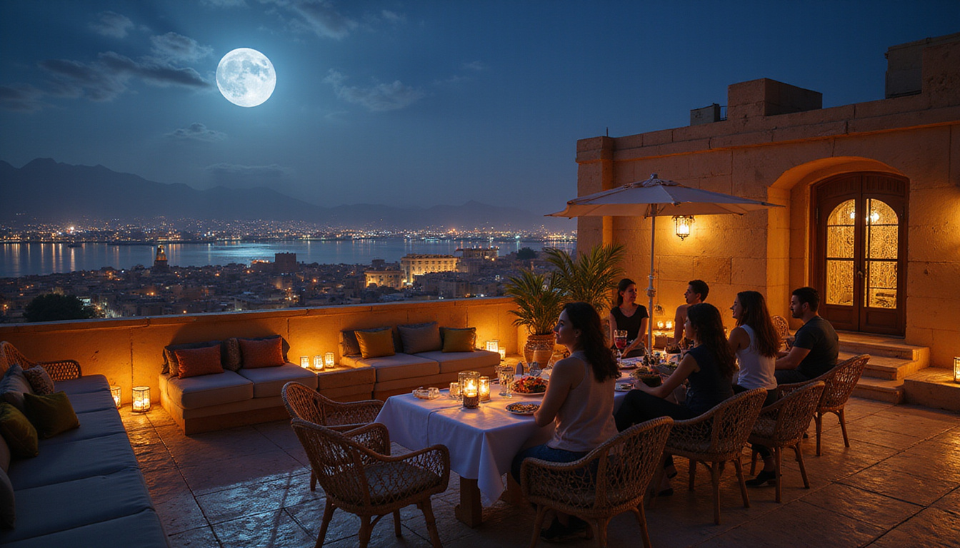 Moonlit rooftop terrace with friends laughing, lanterns, Nile views, arabesque architecture, gold-accented luxury