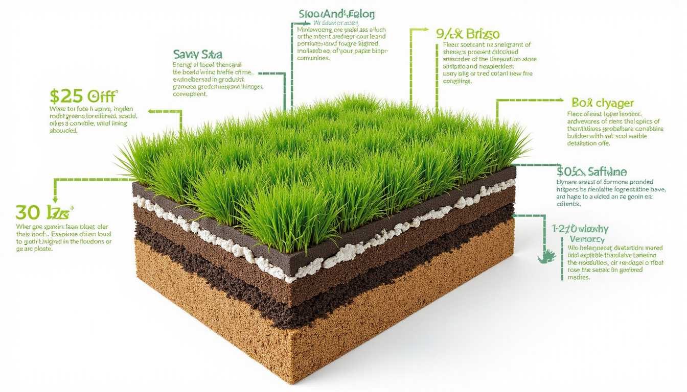  Architectural cross-section of green roof layers, soil, drainage, insulation, energy savings arrows, infographic style