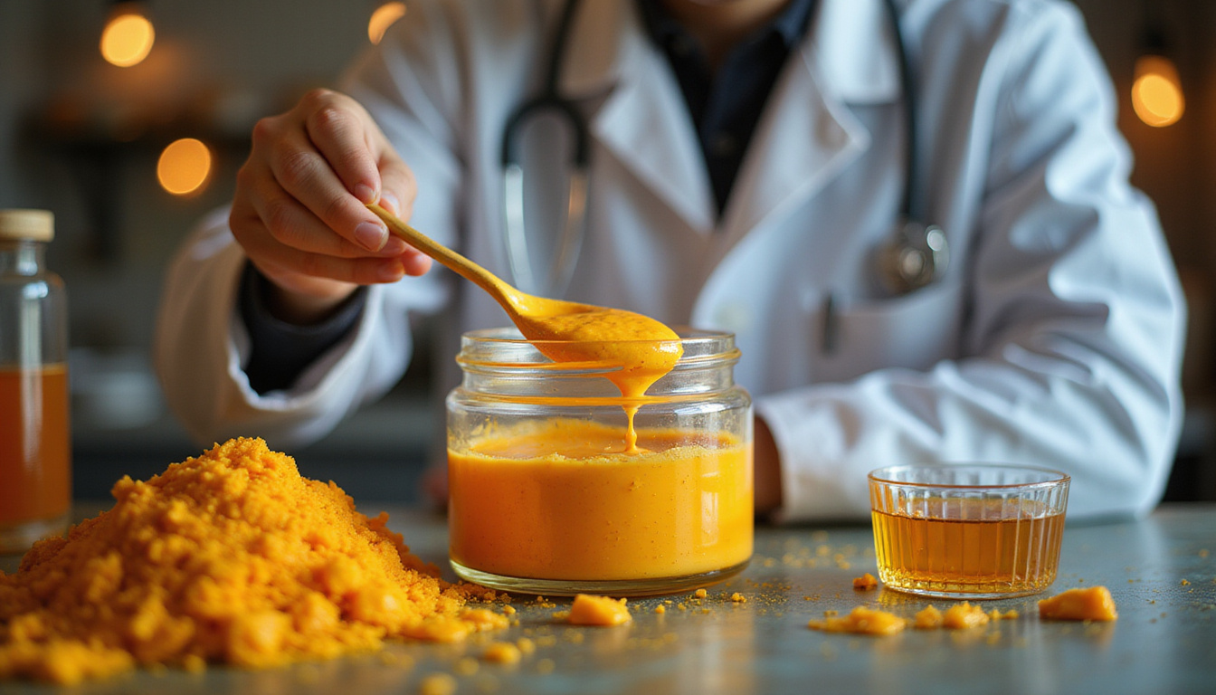  Luxury laboratory scene: artisan chemist stirring creamy formulation, molecular niacinamide illustration glowing, amber lighting