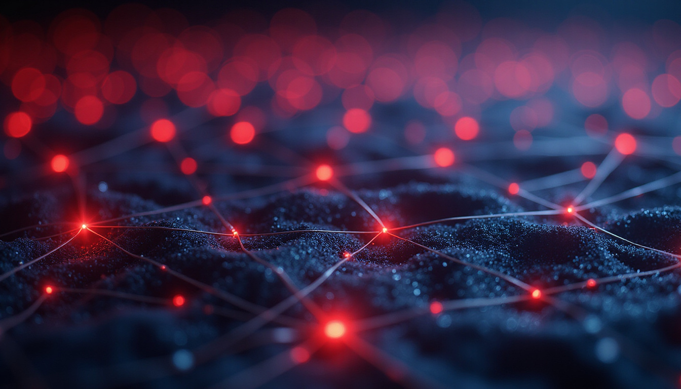 Abstract financial network with tethered contracts, red warning nodes isolated by luminous safety nets