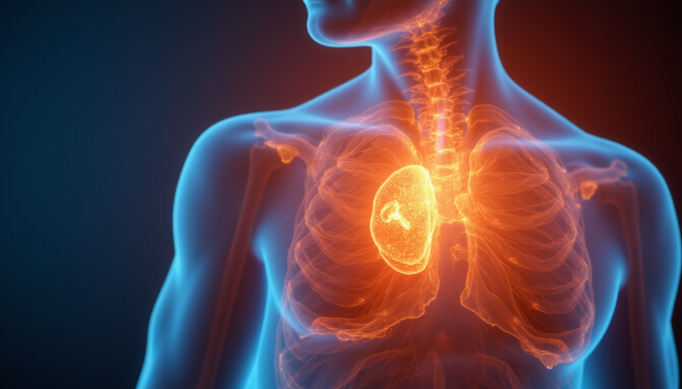 Close-up anatomical overlay: ultrasound beams targeting inflamed tissue, warm golden healing light, relieved expression