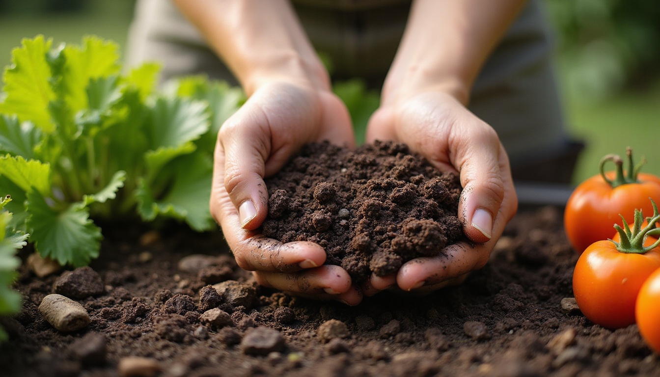  Close-up hands mixing dark crumbly compost into garden beds, vegetables thriving, sunlit warmth