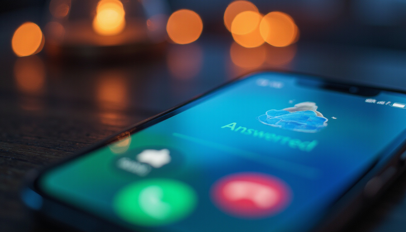  Close-up glowing smartphone screen showing answered call, satisfied customer thumbs-up, reduced missed calls