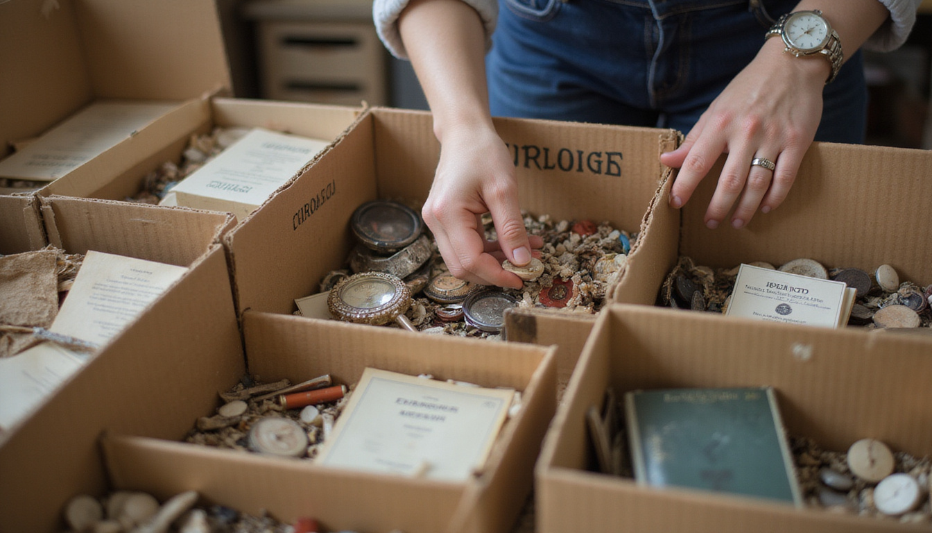  close-up hands sorting heirlooms into labeled boxes, pocket watch, tidy inventory list, calm urgency