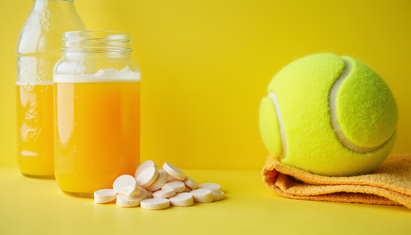  Close-up condensation on bottle, electrolyte tablets spilling beside towel and bright yellow pickleball