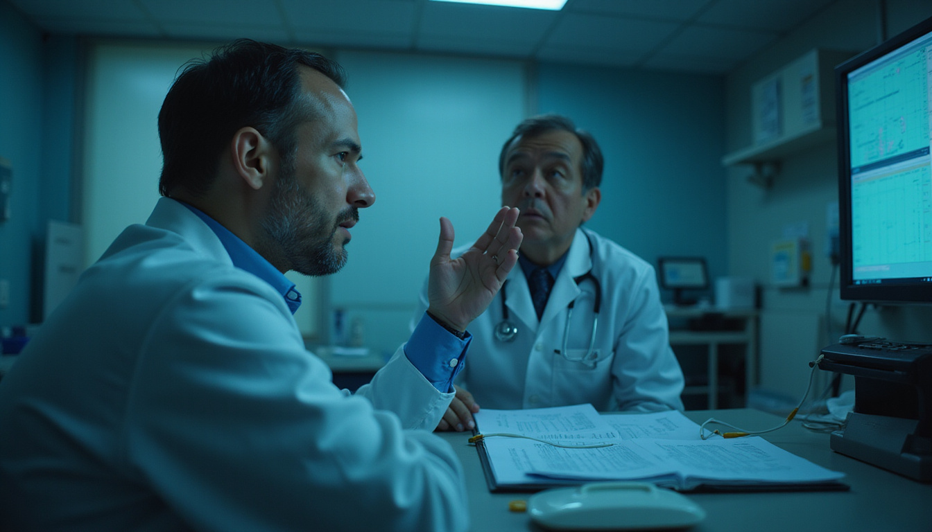  Patient in dim clinic, worried expression, doctor whispering hidden risks, medical charts, moody lighting