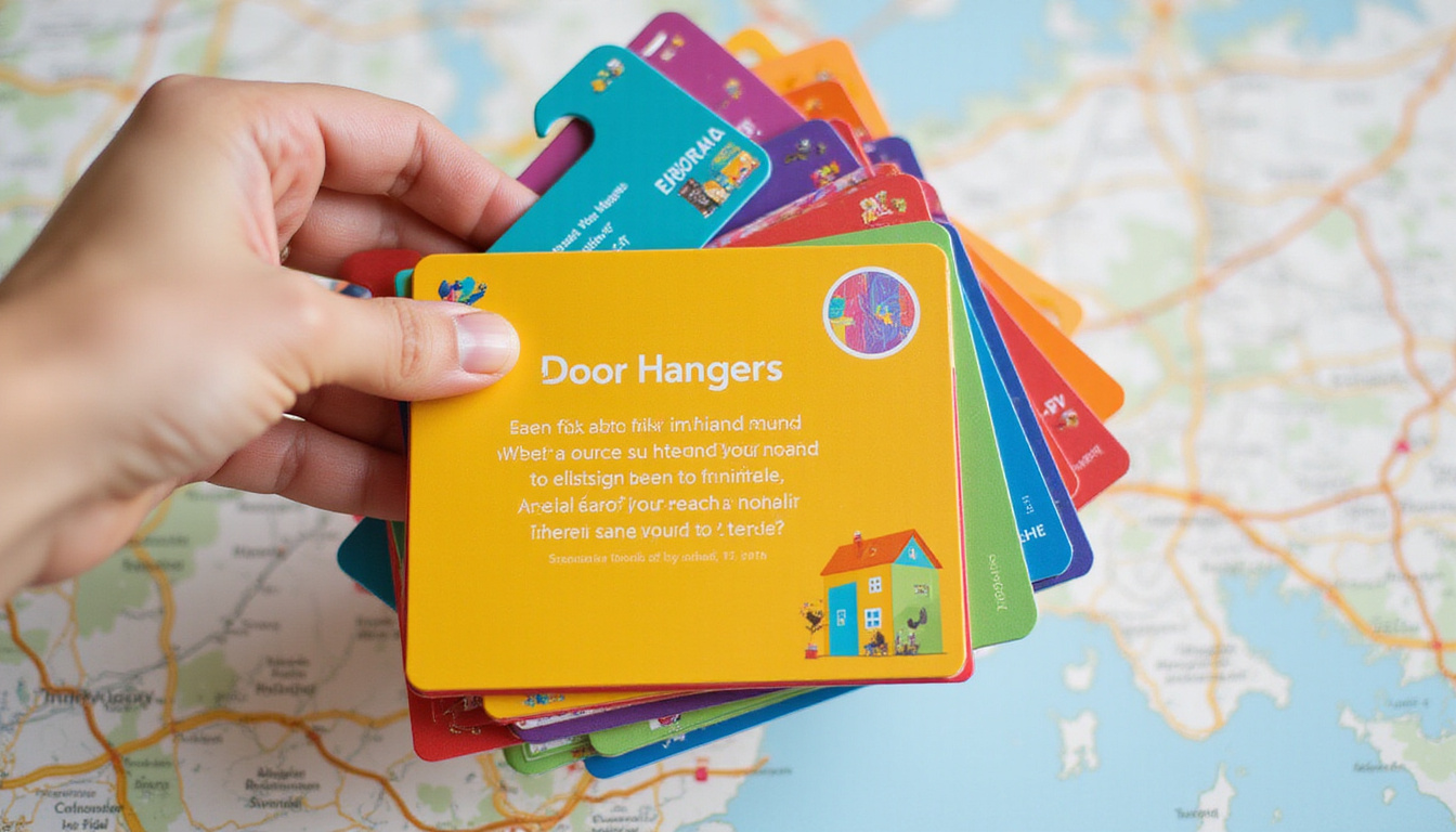  Hand holding stack of colorful door hangers, playful icons, clear CTA, glossy finish, neighborhood map background