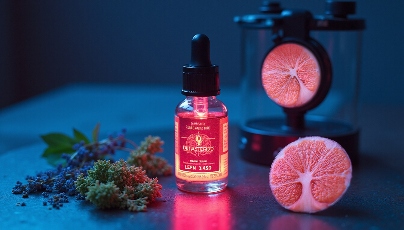  Futuristic apothecary bottle labeled Dutasteride, neon serum, botanical ingredients, anatomical hair follicles magnified