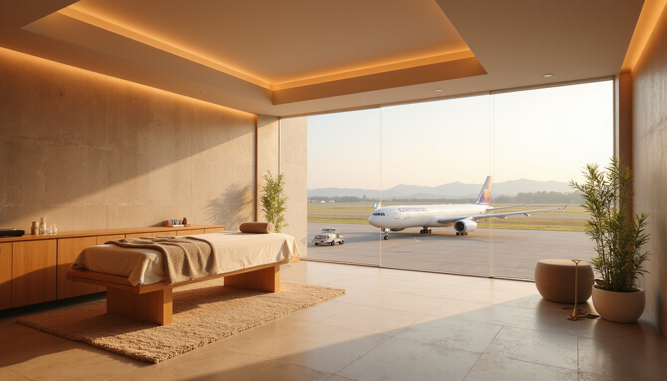 Serene spa suite with panoramic runway views, soft neutral palette, warm lighting, aromatic steam