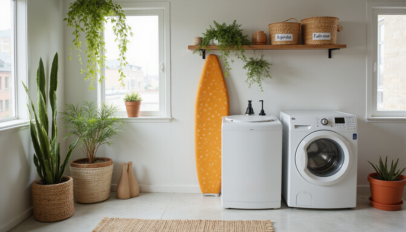 Cozy eclectic micro laundry with wall mounted drying rack labeled baskets fold down ironing board hanging plants