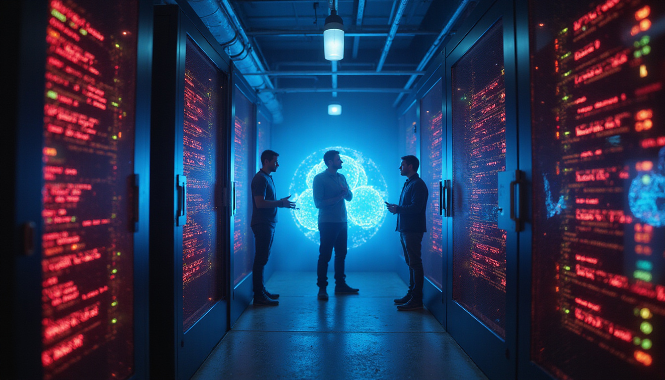  IT team shielding servers with glowing shields, code pathogens recoiling, tense cinematic lighting