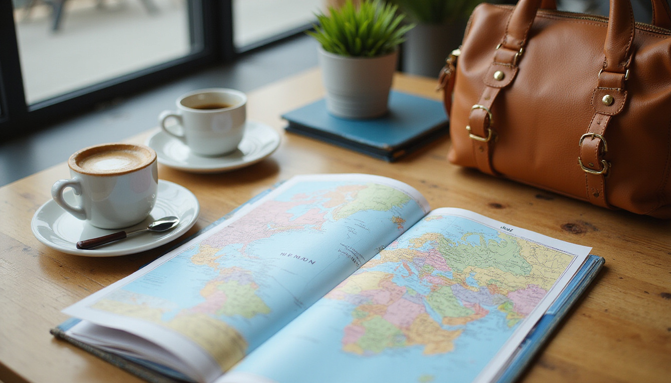  Minimal travel gear, cheap co-working cafe, maps, coffee, organized planner, warm morning light