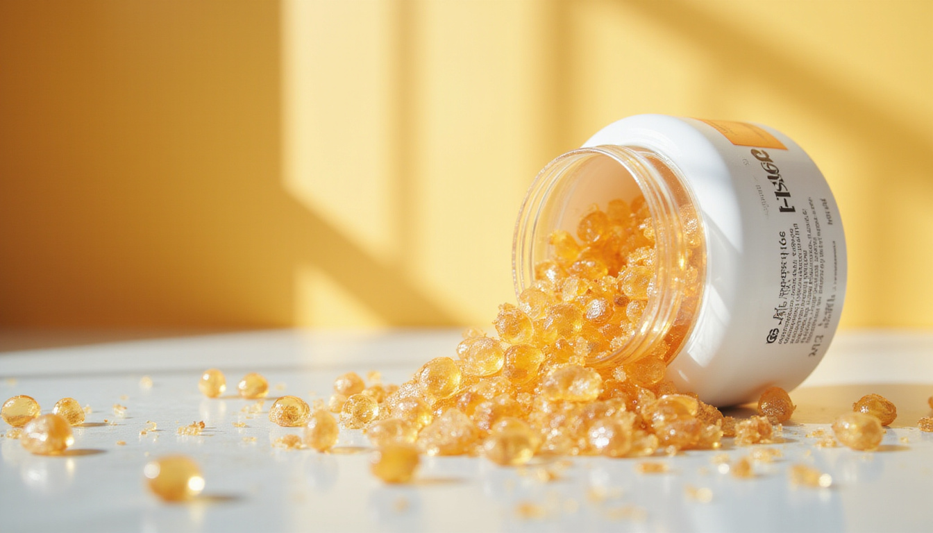  Crystal-stable ascorbic acid molecules, gold microcapsules, clinical lab lighting, minimalist premium packaging