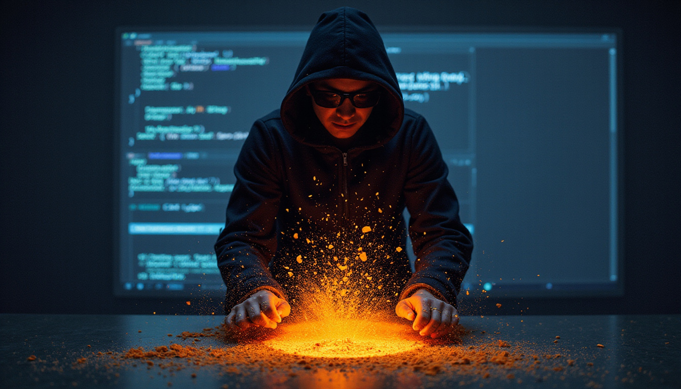 Shadowy hacker scattering glowing dust over blockchain ledger, alarmed user silhouette, high-contrast thriller lighting