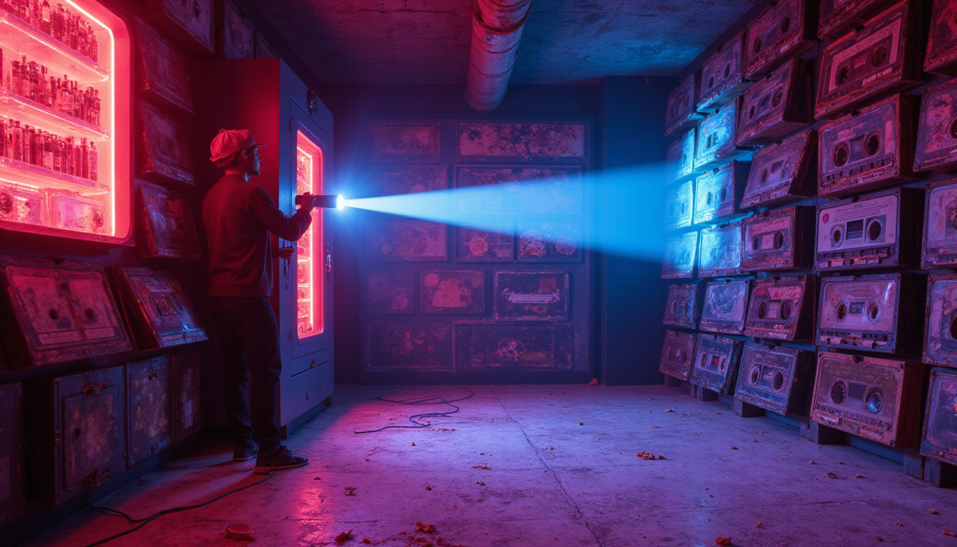 Retro studio vault, cassette tapes and rare sleeves, neon waveform projections, explorer with flashlight