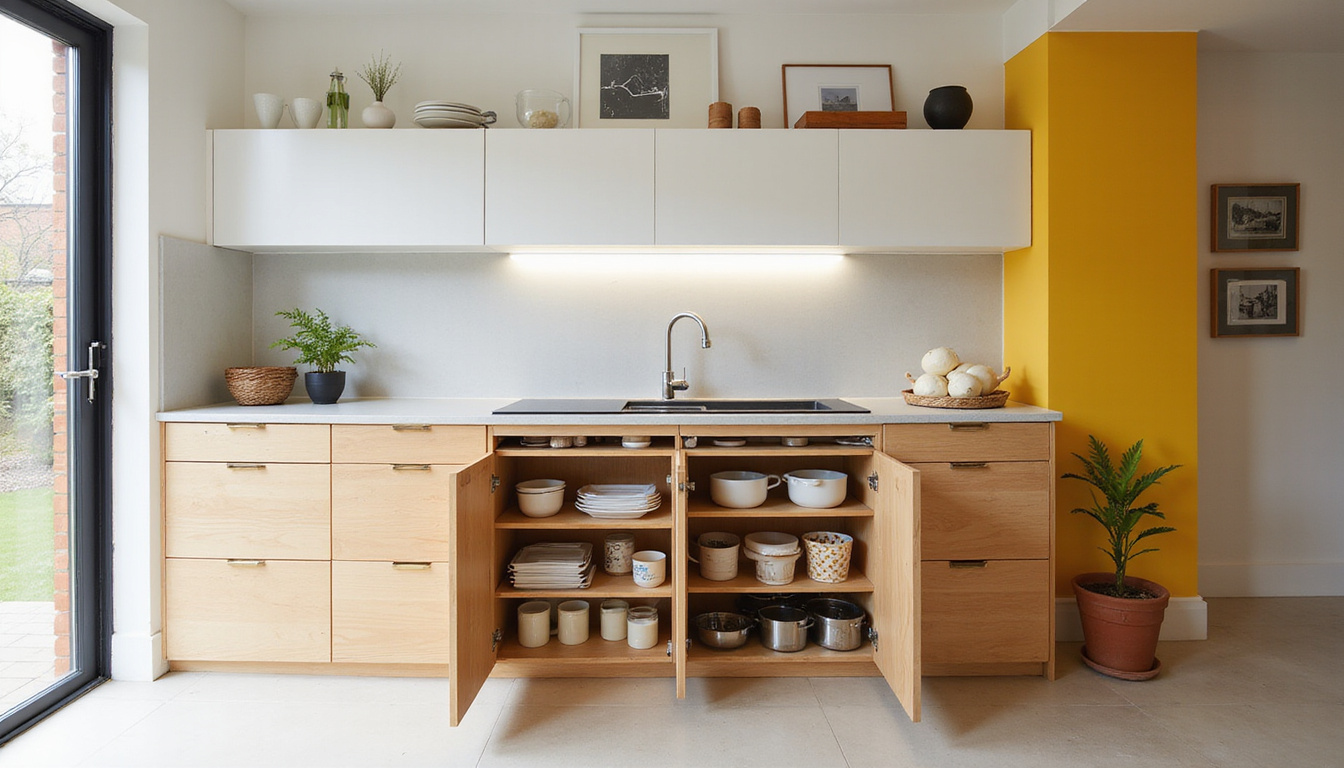  Minimal modern kitchen after removal, reclaimed under-sink storage with sliding drawers, organized, airy lighting