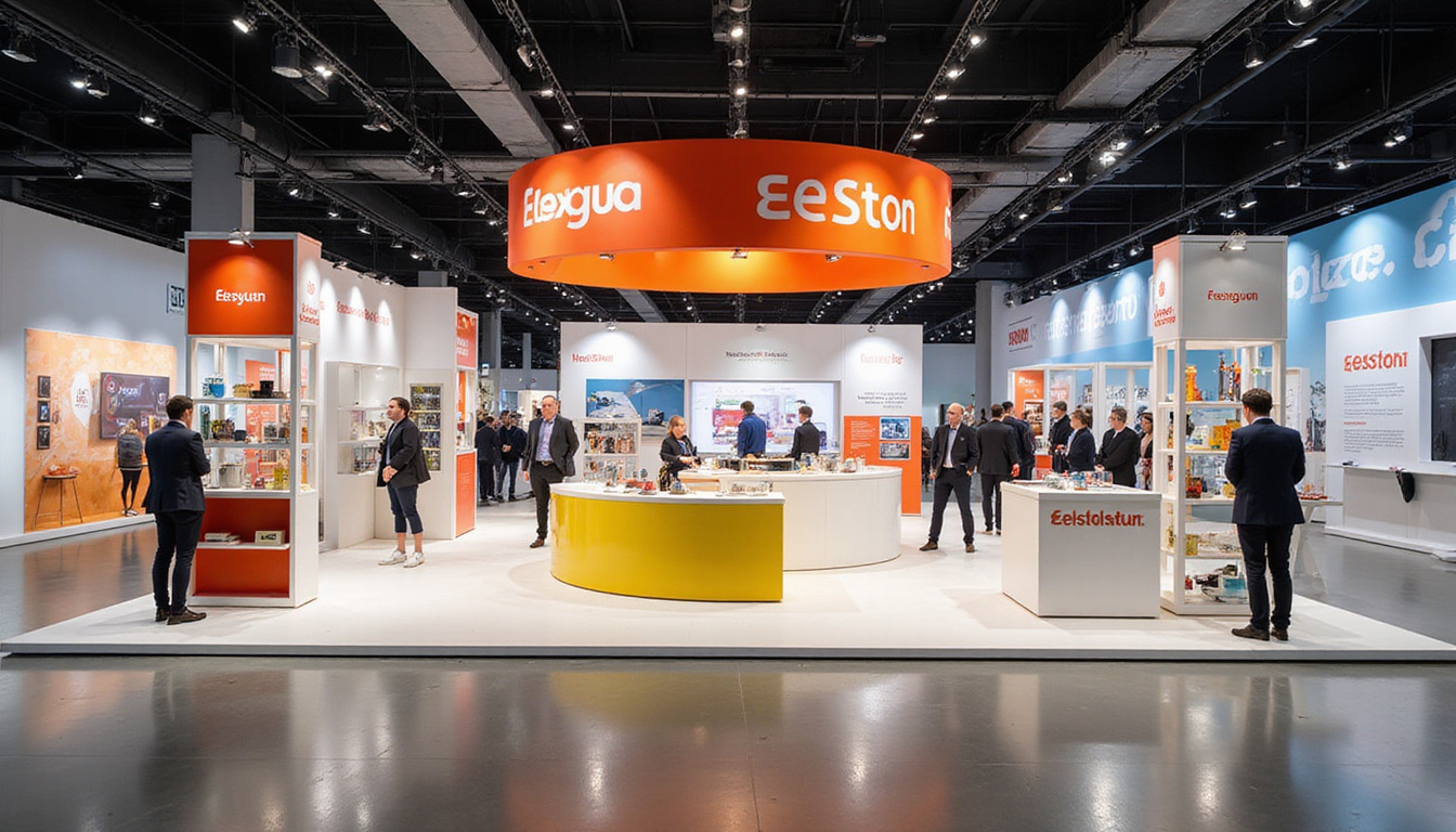  Minimalist island display, bold brand colors, modular shelving, clear pathways, smiling staff converting visitors