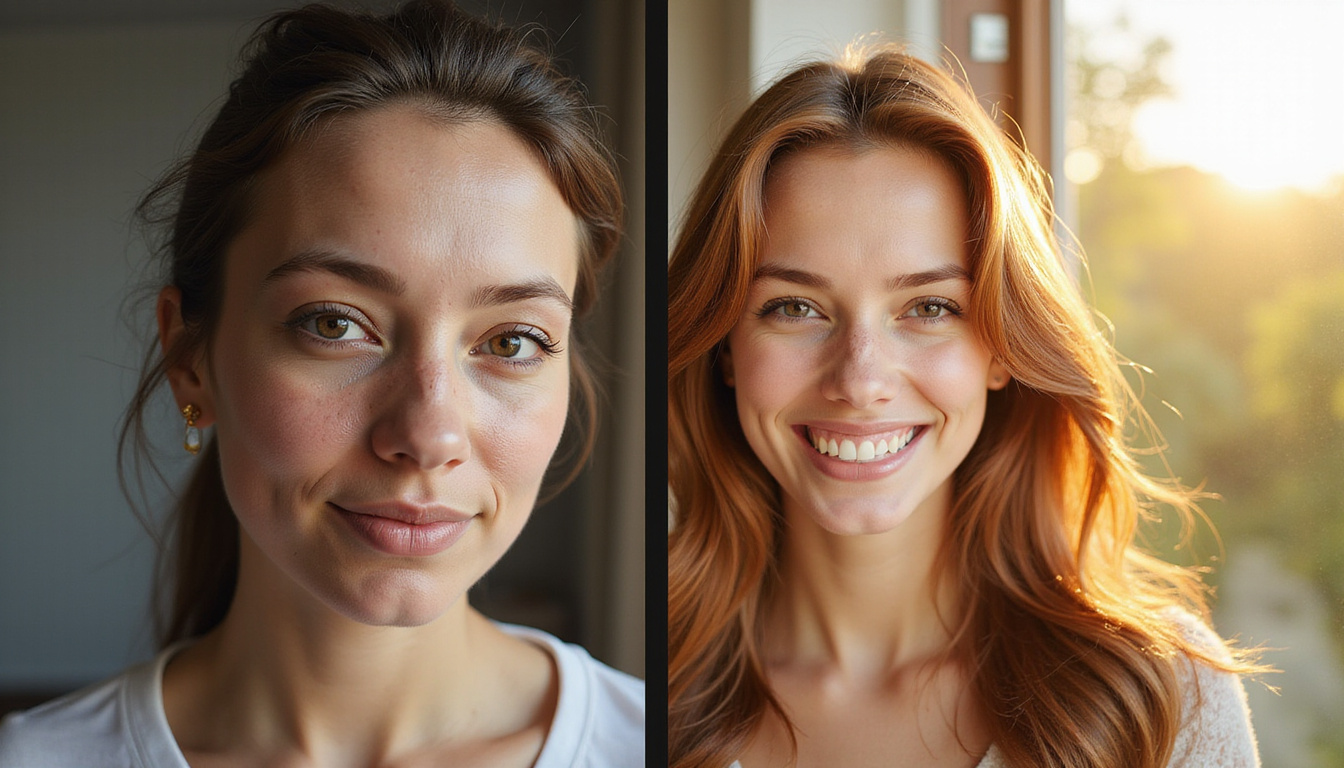  Before-and-after split portrait: flaky scalp to glossy restored hair, natural sunlight, medical label visible