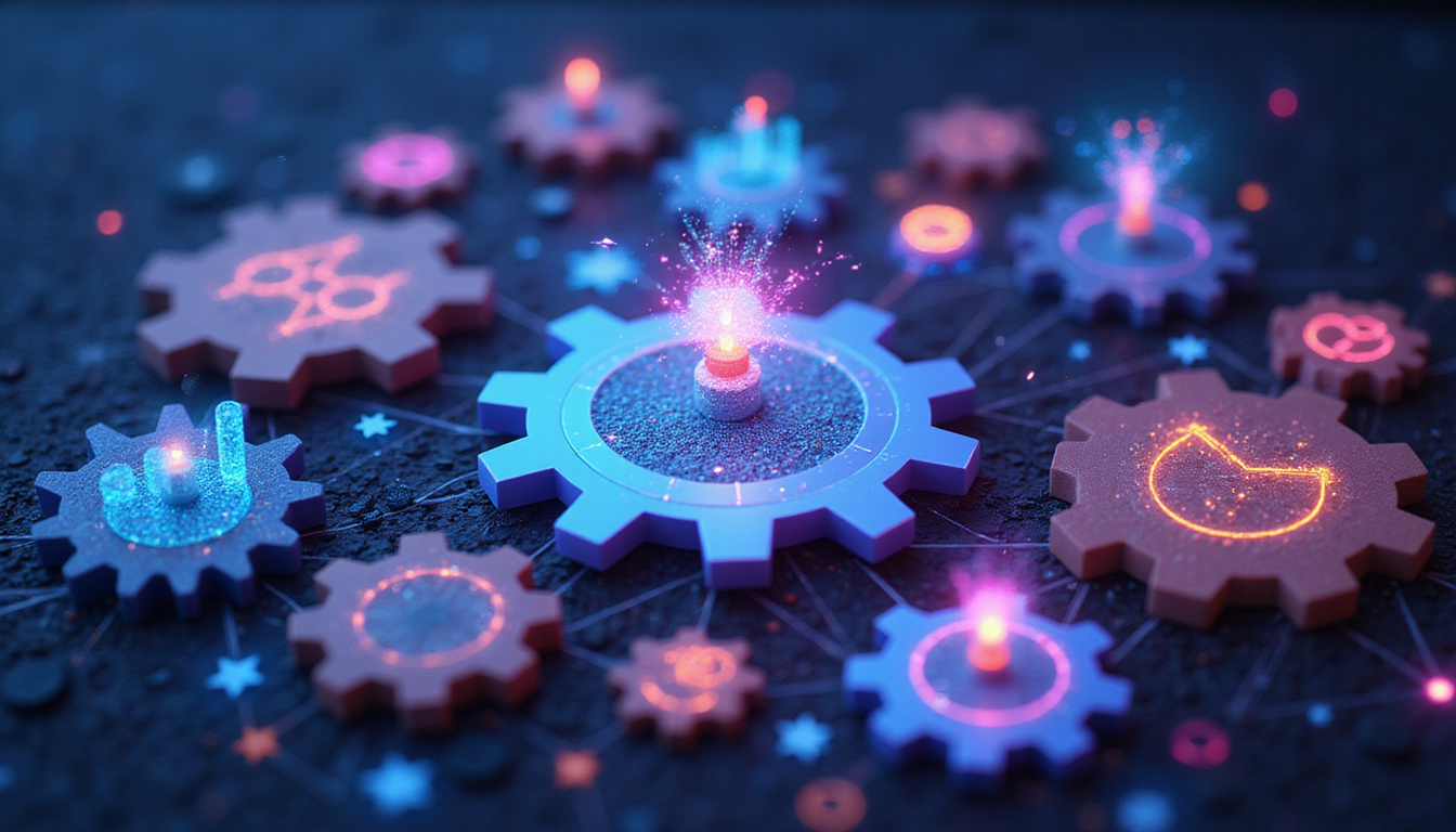 Automated DataOps gears transforming campaign icons into actionable insights, team reviewing holographic metrics