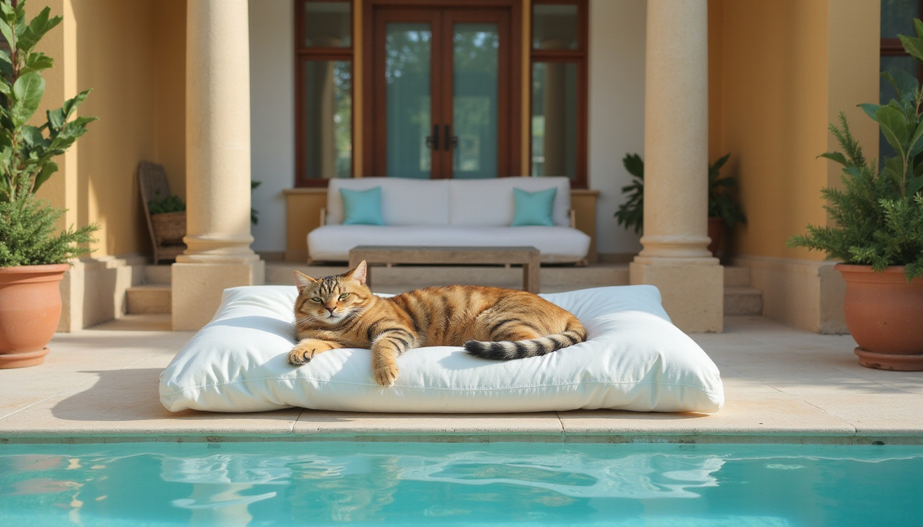  Luxury coastal resort poolside cat curled on pet bed, Egyptian columns, turquoise water