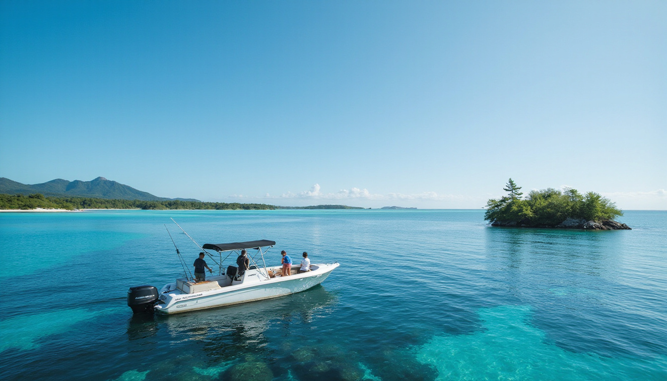  Eco-friendly charter approaching pod at safe distance, guide pointing, calm horizon, tropical islands