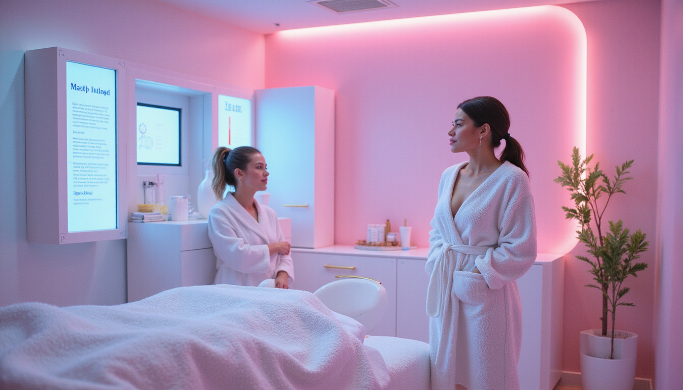  Sterile high-end skincare clinic, digital temperature displays, protocol checklist, plush robe, gold accents