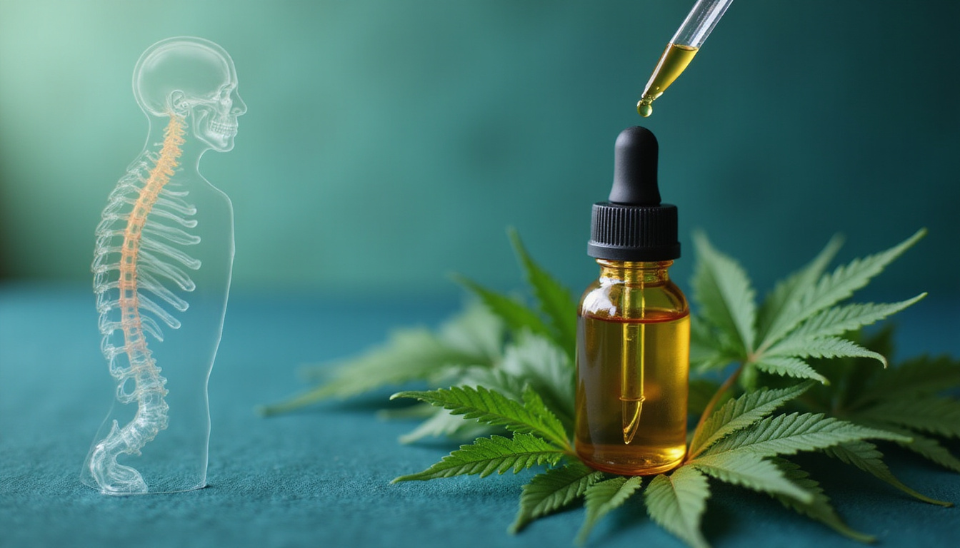  Close-up CBD tincture dropper over hemp leaves, anatomical spine illustration, soothing blue-green palette