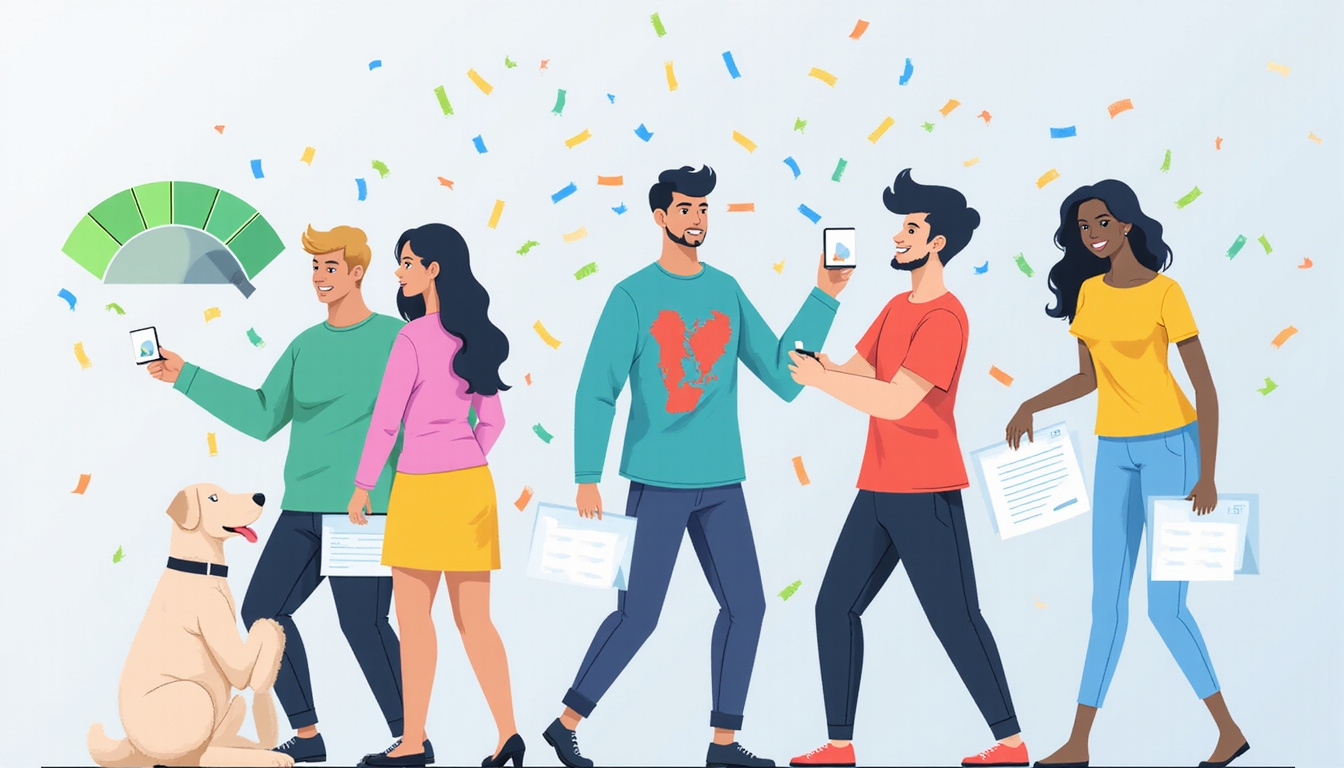  Satisfied customers receiving instant support on smartphones, confetti, speedometer turning green, modern flat design