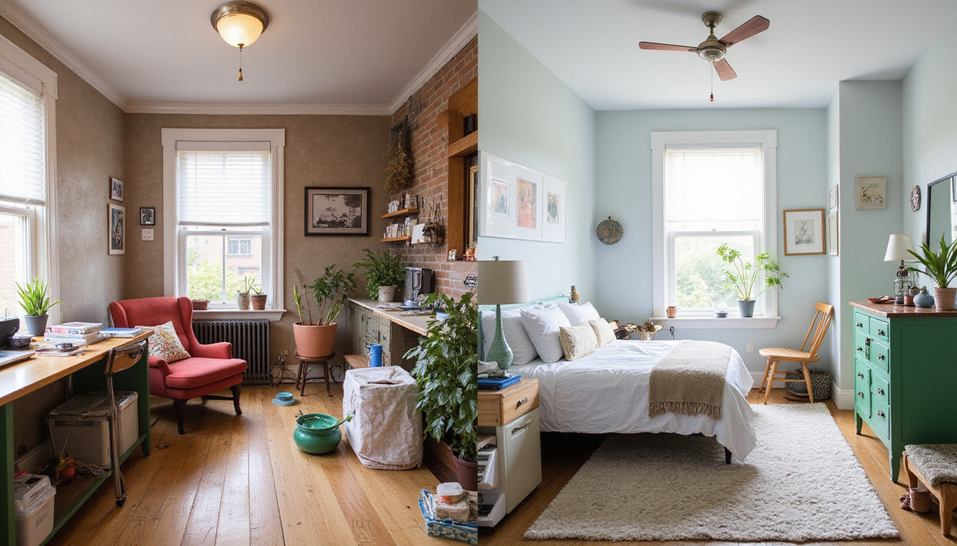  Split-screen before-and-after: cluttered bungalow cleared to tidy minimalist home, smiling movers, dollar-saving tags