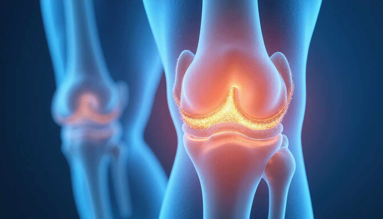  Cross-section medical illustration of knee cartilage regeneration, glucosamine molecules knitting collagen, soft blue hues