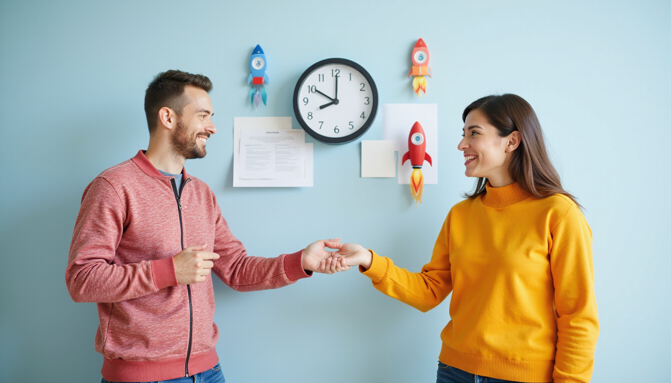  Urgent marketing team handing digital collateral to smiling clients, clock and rocket motifs