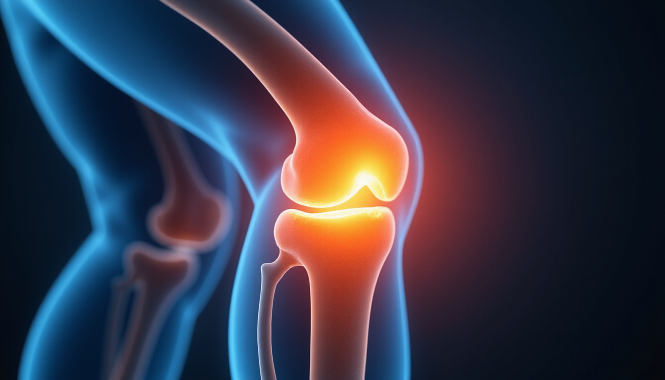  Close-up anatomical overlay of knee joint, glowing healing light, balance, strength, rehabilitation tools