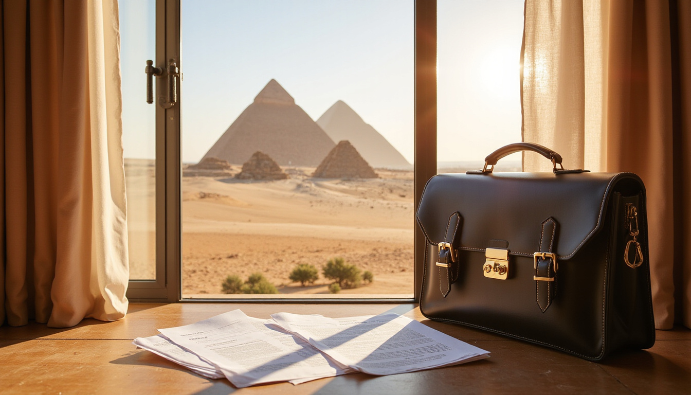  Modern apartment balcony overlooking Giza pyramids, real estate contracts, briefcase, warm desert light