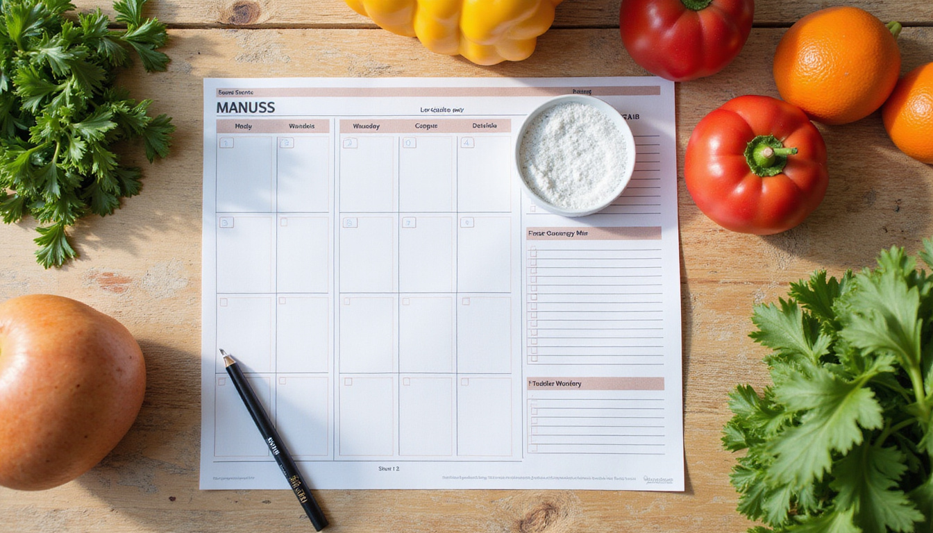 Overhead meal planning scene: printed low-carb menu, grocery list, app syncing, warm natural light