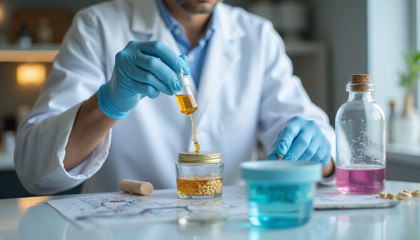 Skilled chemist in white coat blending microcapsules, molecular diagrams, luxury spa ritual ambience