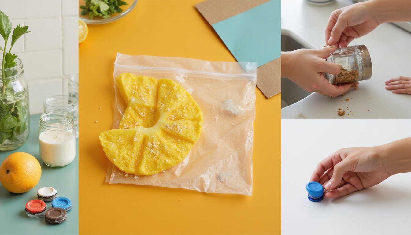 Split image close-up: hand rinsing jars, compost bag, magnet catching bottle caps, infographic overlay