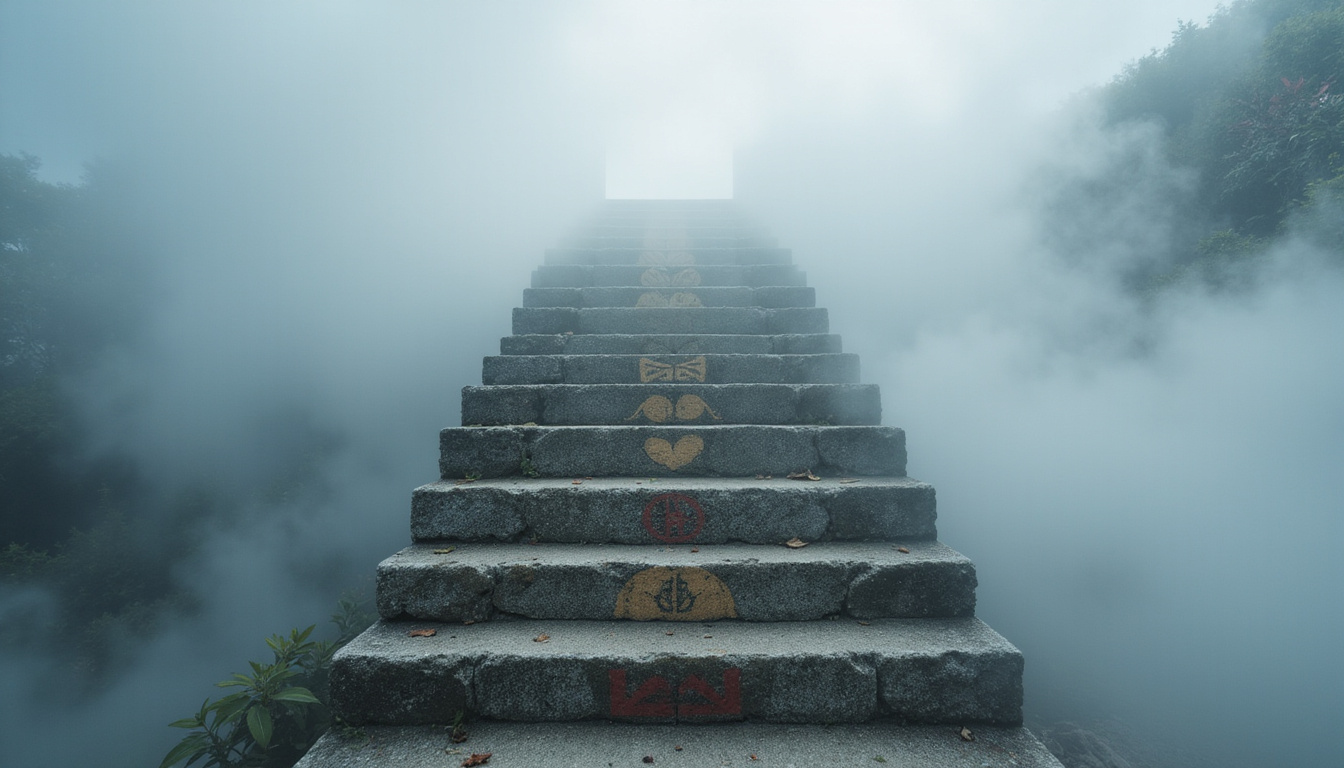  Stone staircase ascending into mist, each step engraved with symbols: book, heart, clock