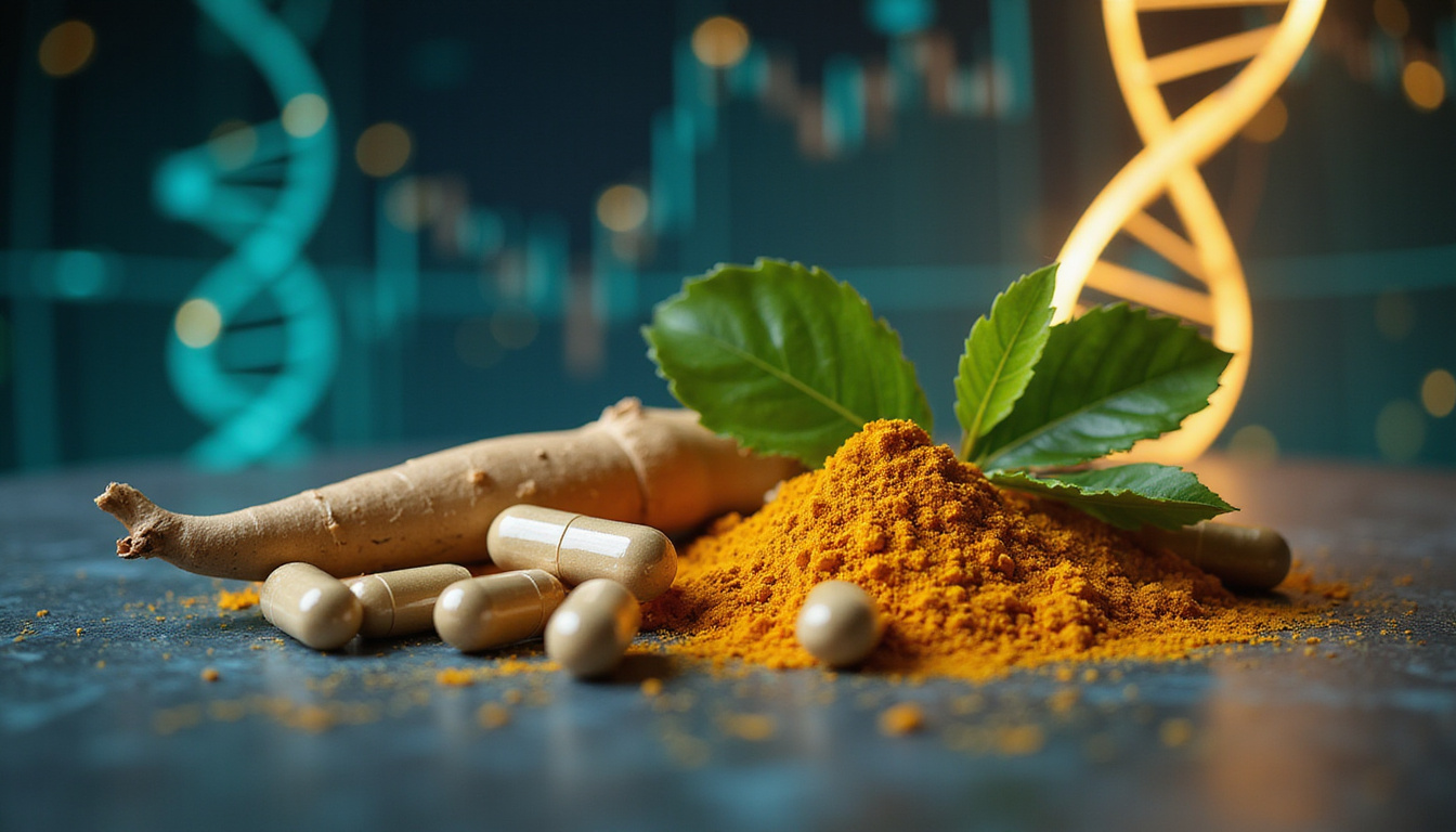  Vibrant still-life of capsules, ginseng, turmeric, green leaves, DNA helix, scientific graphs glowing