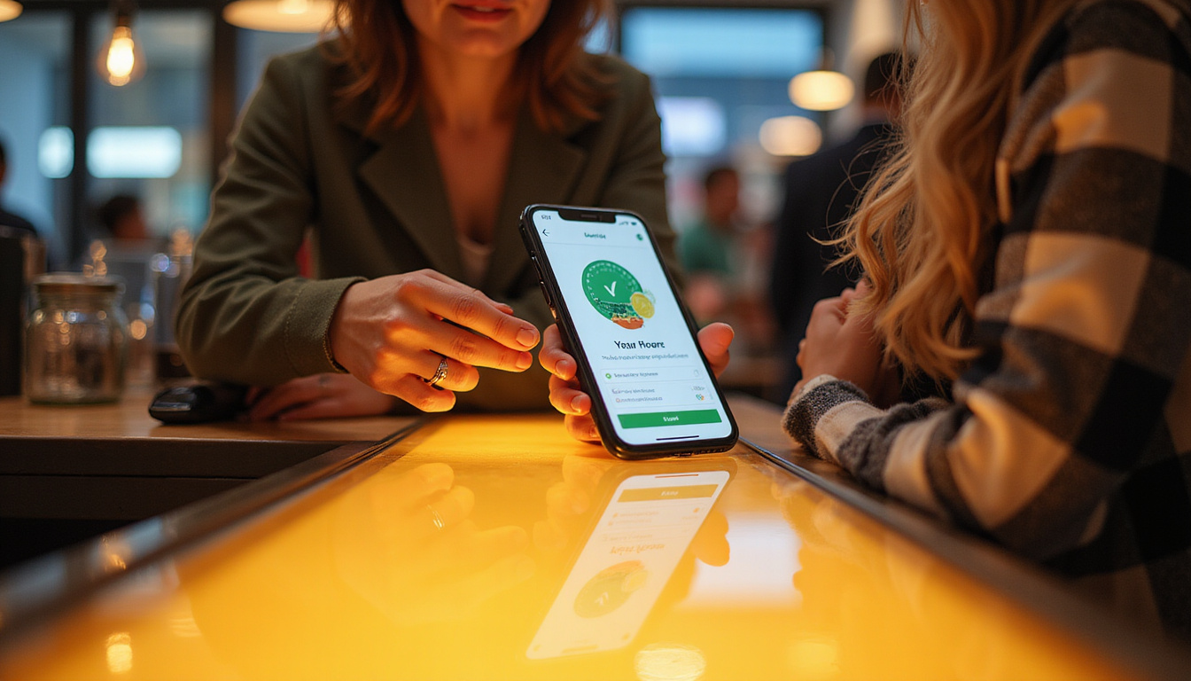  Loyal customers scanning loyalty app at illuminated counter, personalized offers popping, warm lighting