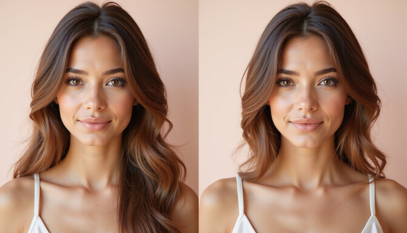 Before and after portraits of same woman regrown hair, natural texture, clinical yet warm studio