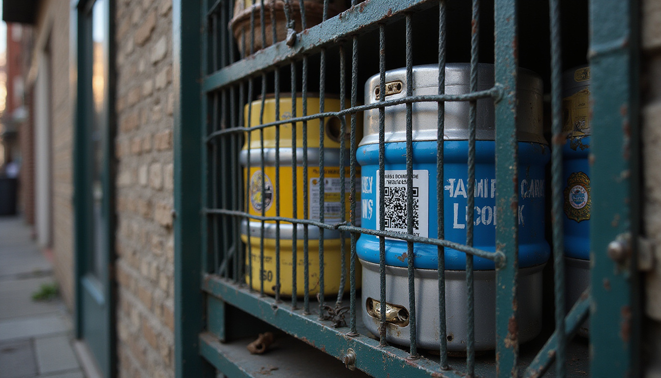 Locked keg behind metal cage, QR code visible, police badge shining, urban alley