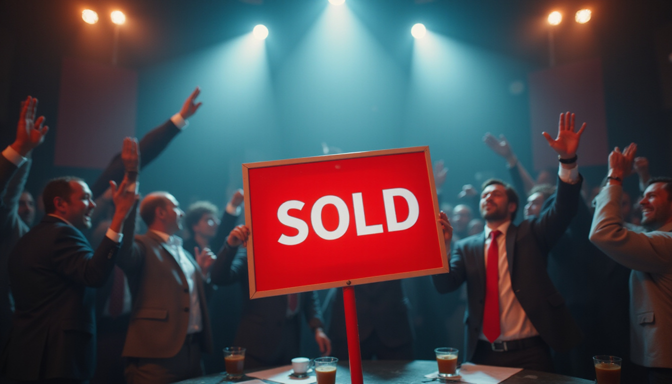  Competitive bidding scene, tense buyers raising hands, SOLD sign in foreground, high-contrast cinematic drama