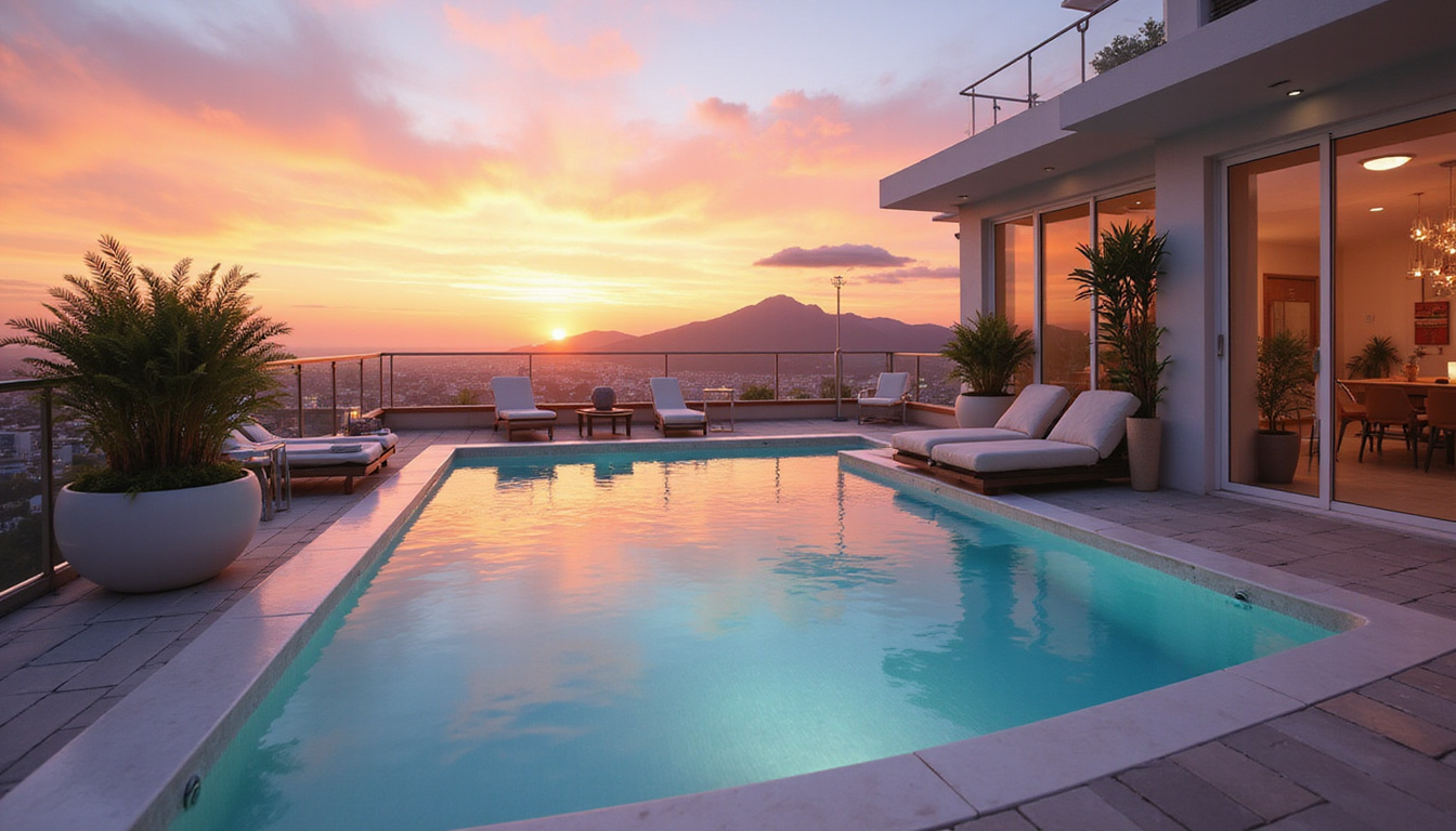 Butler-serviced penthouse terrace featuring private infinity pool, champagne, designer decor, sunset glow