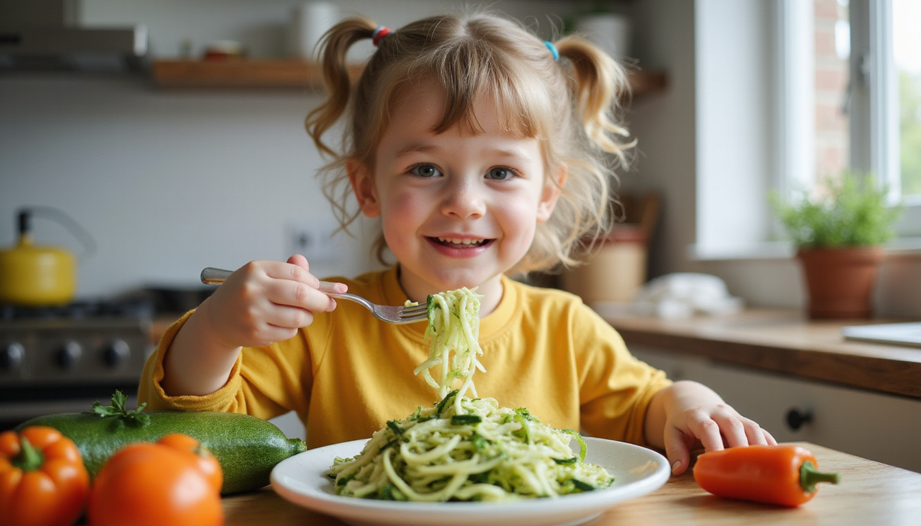  Smiling picky eater trying zucchini noodles, fork twirling, colorful vegetables, warm home kitchen