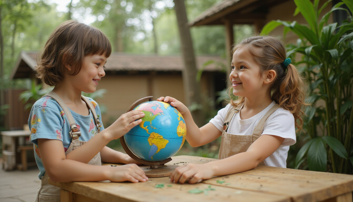  Children from around world collaborating at Green School, bamboo classrooms, globe, joyful inspiration