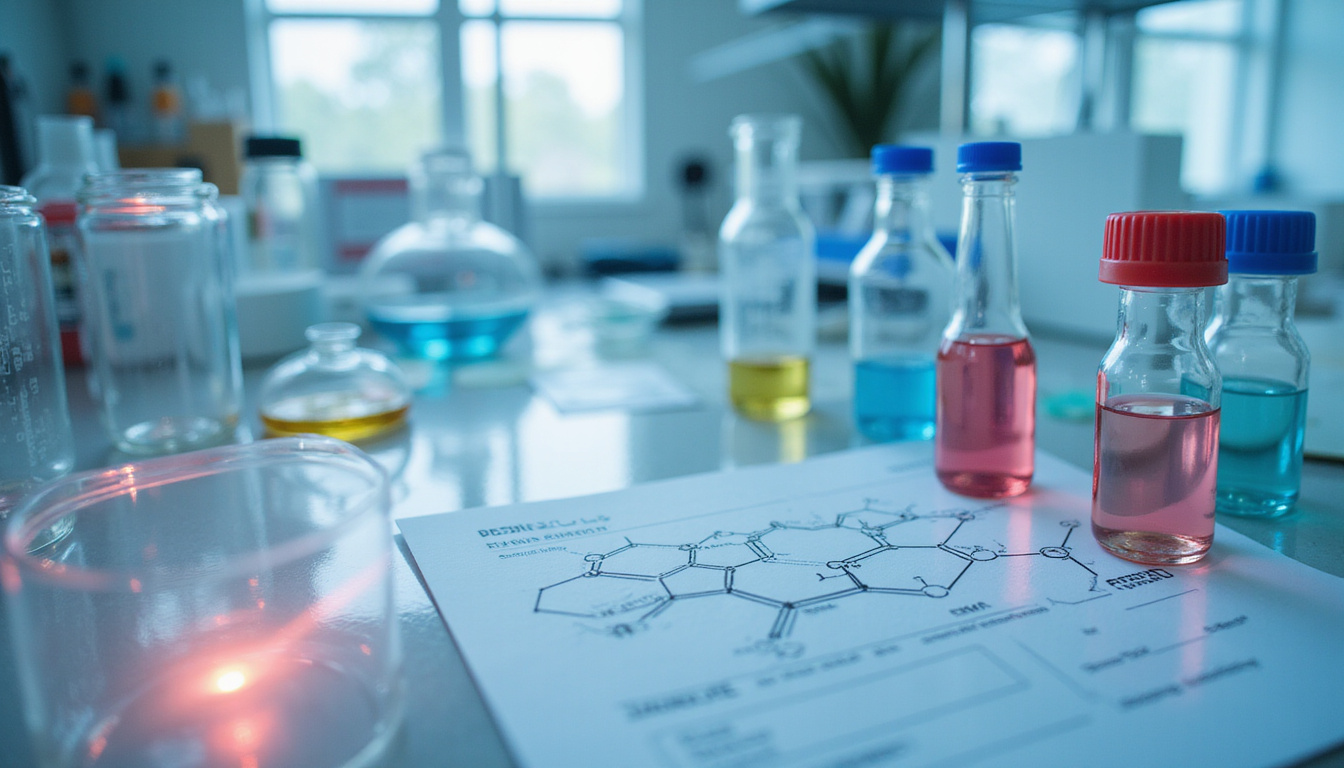 Laboratory bench with molecular formulas, peptide vials, standards documentation, clinical testing instruments