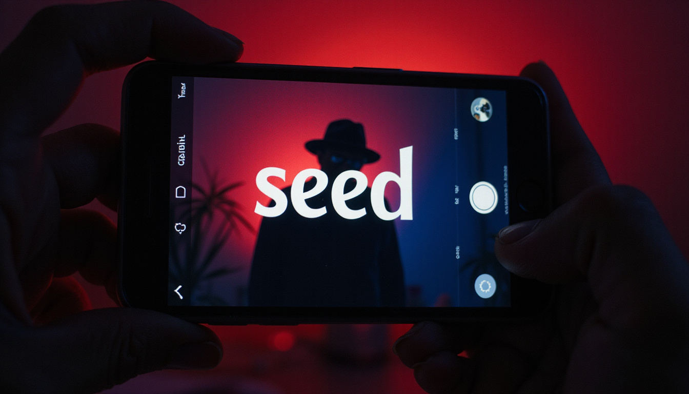  Dim-lit hands photographing seed phrase with smartphone, shadowy hacker silhouette reflected on screen