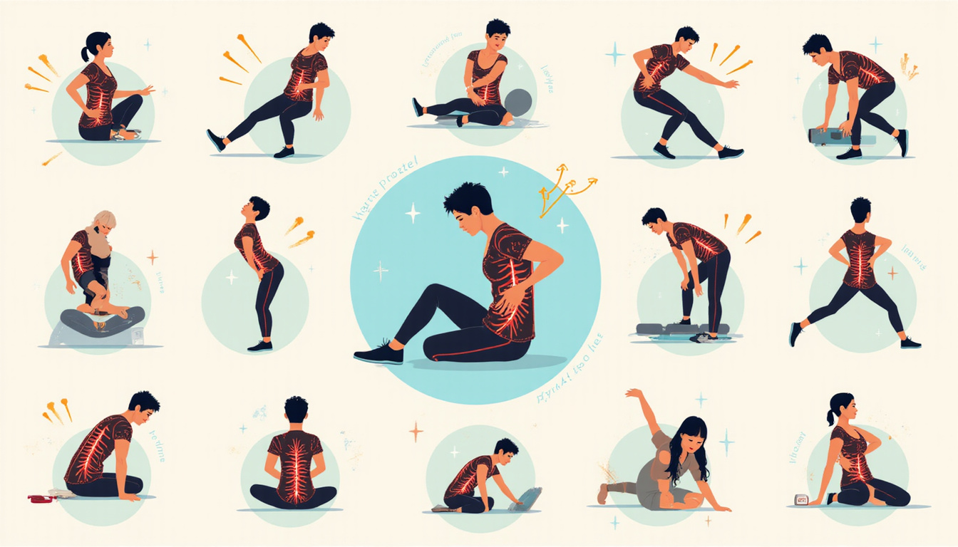 Infographic-style montage showing nine proven back pain relief methods: stretching, posture, heat, exercise, acupuncture
