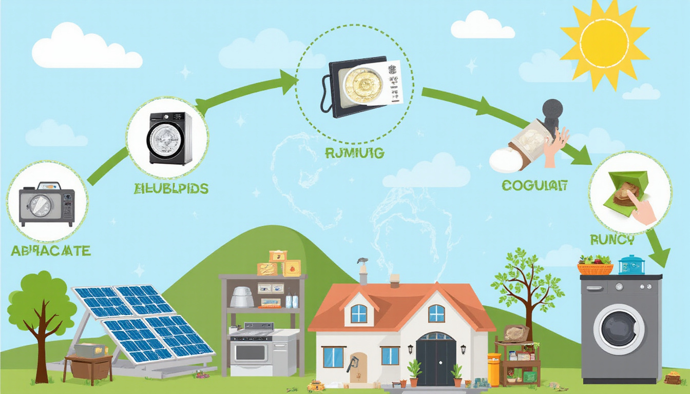  Detailed infographic-style scene showing appliance lifecycle: reuse, repair, recycle, savings, community workshop, solar panels