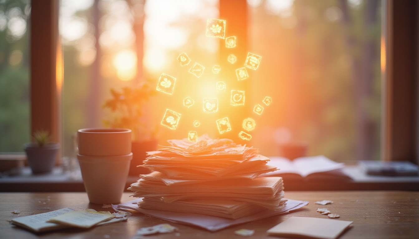  Stack of overflowing todo lists transformed into floating icons by glowing AI assistant, sunrise window